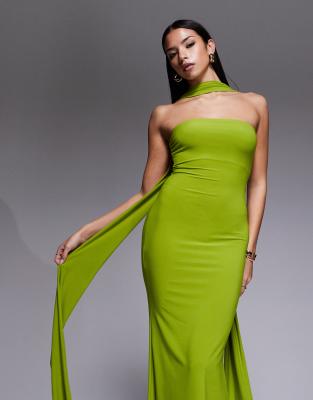 Asos Design Mesh Maxi Dress With Scarf Detail In Green