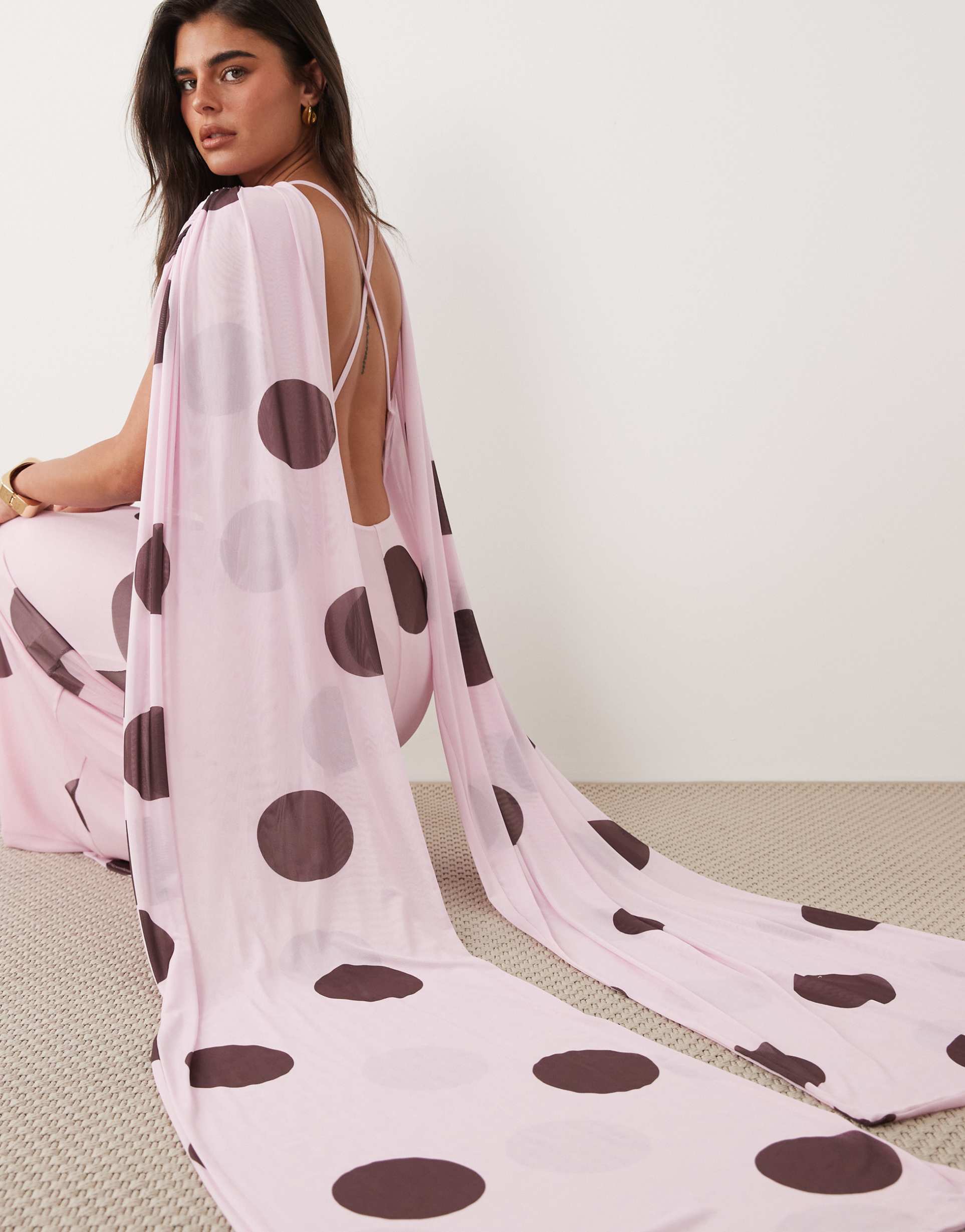 asos design mesh maxi dress with scarf drape detail in pink and brown polka dot