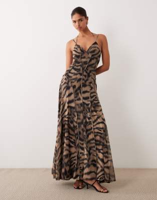 Asos Design Mesh Maxi Dress With Seam Detail In Brown