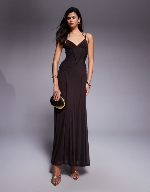 ASOS DESIGN mesh maxi dress with seam detail in chocolate