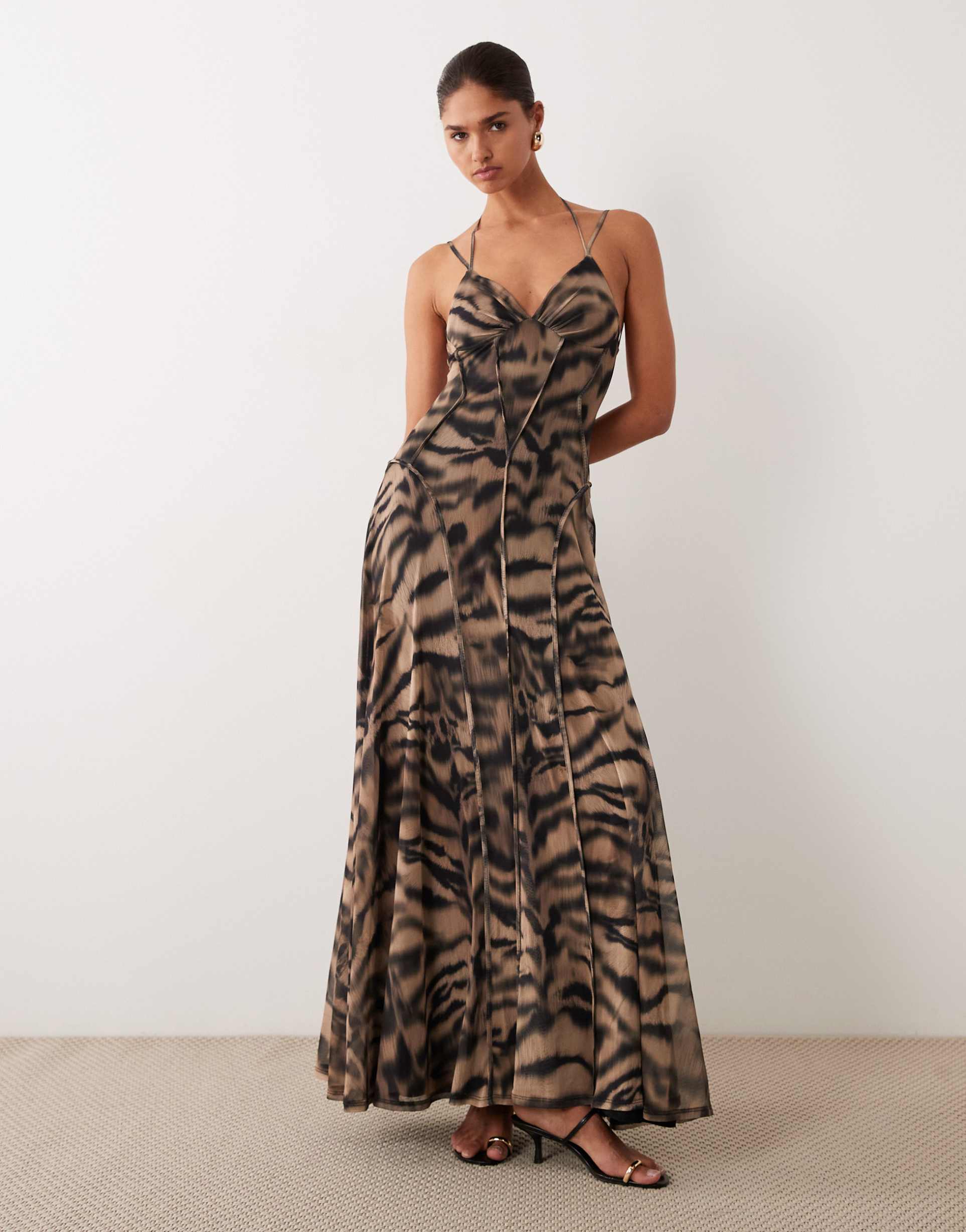 asos design mesh maxi dress with seam detailing in animal print