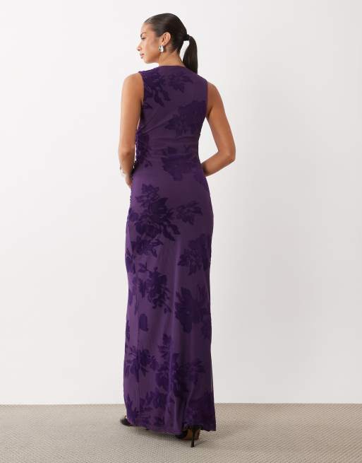 ASOS DESIGN mesh maxi jurk met diepe hals en gerimpelde taille in paars, 4 van 4