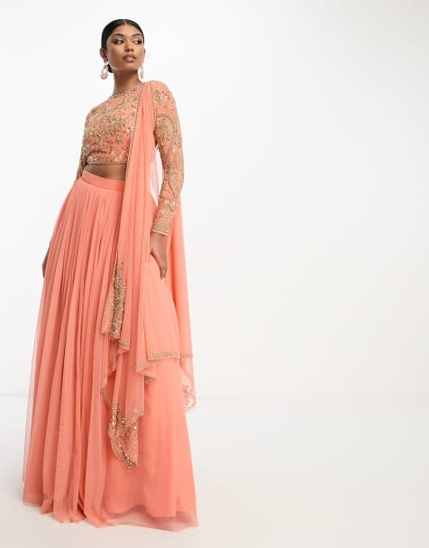 ASOS DESIGN mesh maxi lehenga skirt in marigold - view 1