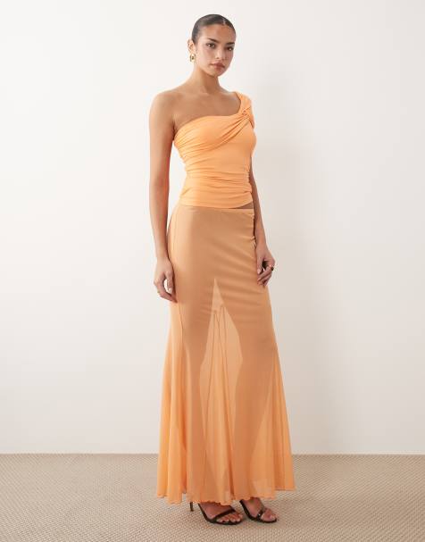 ASOS DESIGN mesh maxi skirt in appricot - part of a set - view 1