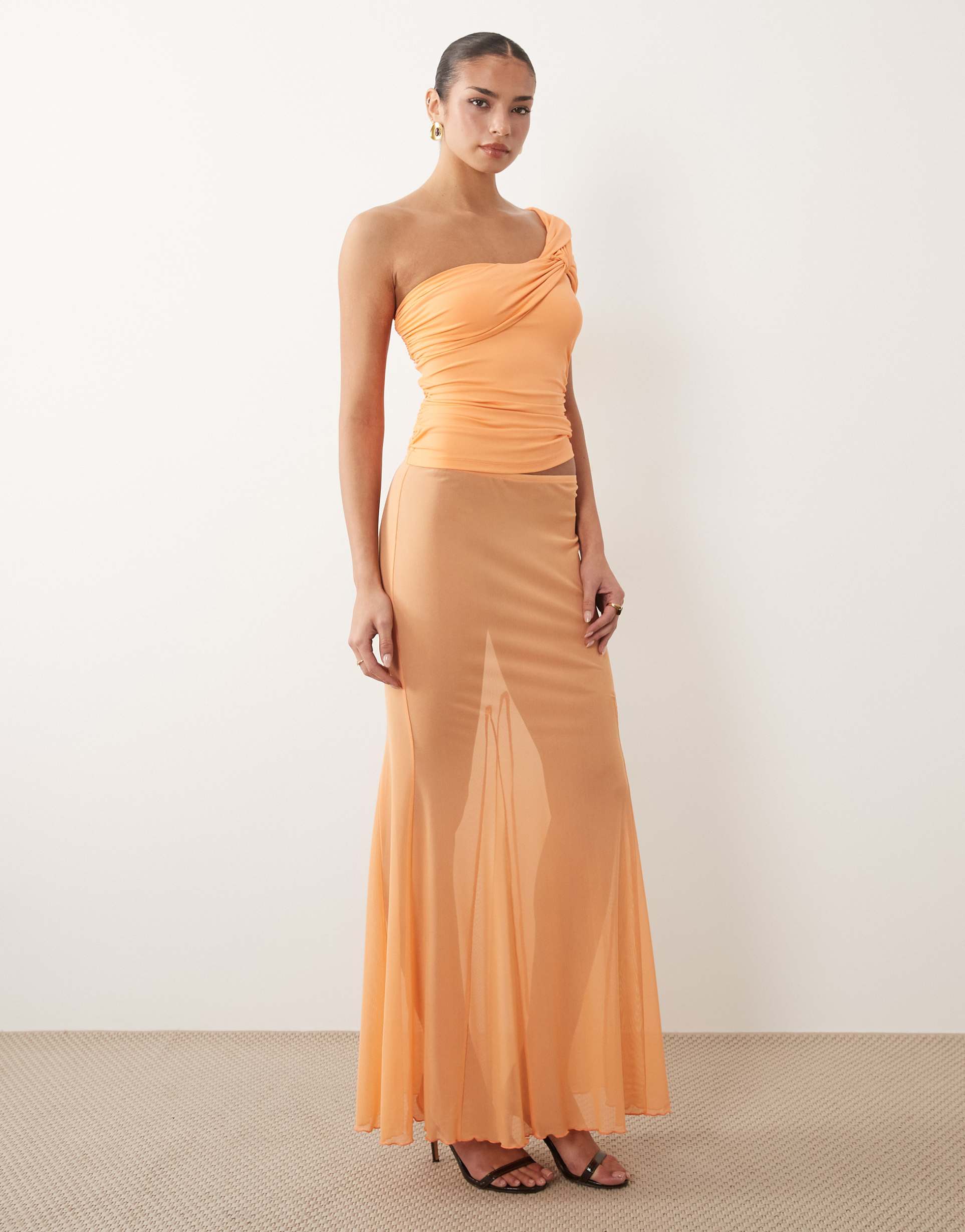 asos design mesh maxi skirt in appricot - part of a set