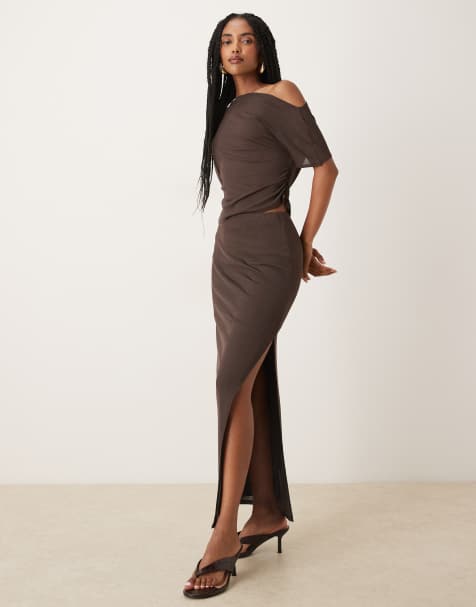 ASOS DESIGN mesh maxi skirt in brown (part of a set) - view 1