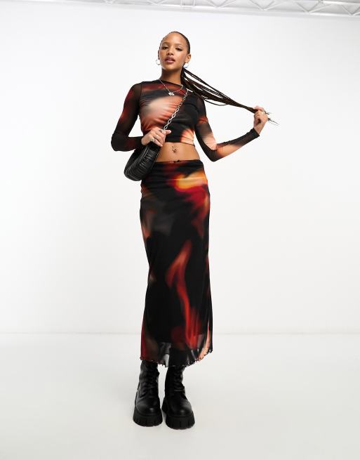 ASOS DESIGN mesh maxi skirt in print in flame print (part of a set) 