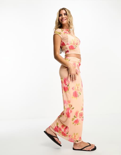 ASOS DESIGN mesh maxi skirt in rose print