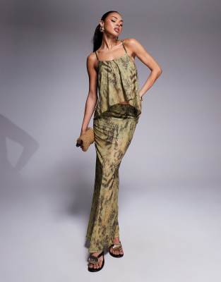 Asos Design Mesh Maxi Skirt With Split In Green