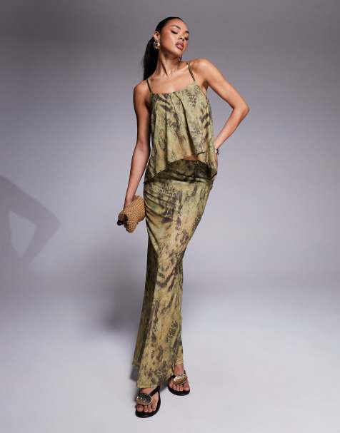 ASOS DESIGN mesh maxi skirt with split in green animal print (part of a set) - view 1