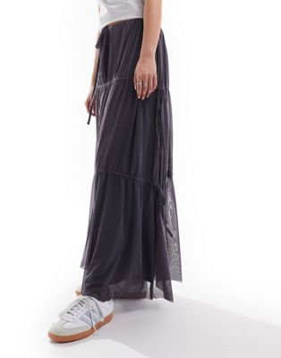 ASOS DESIGN mesh maxi skirt with tiered ruched channels in charcoal