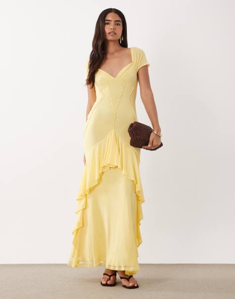 ASOS DESIGN mesh maxikjole med flæser i lemon - view 1