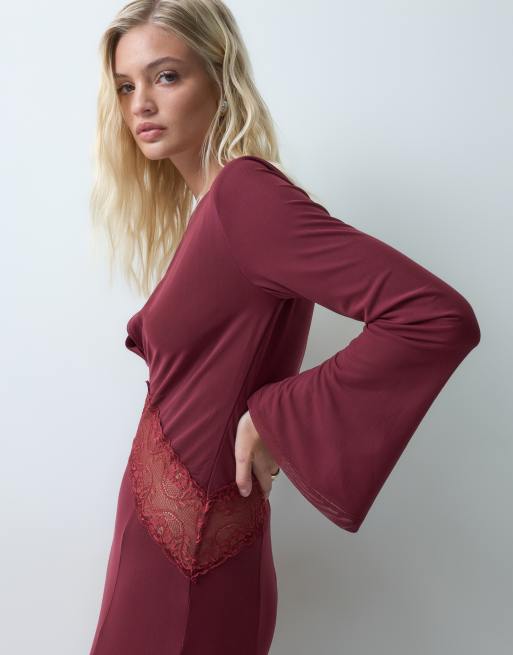 ASOS DESIGN mesh maxiklänning med spetsinfällning i vinröd, 2 av 5