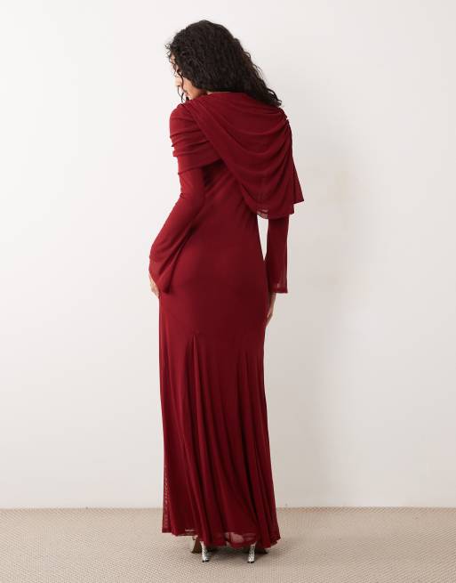 ASOS DESIGN Mesh-Maxikleid mit Overlay und drapiertem Ausschnittdetail in Weinrot, 2 von 4