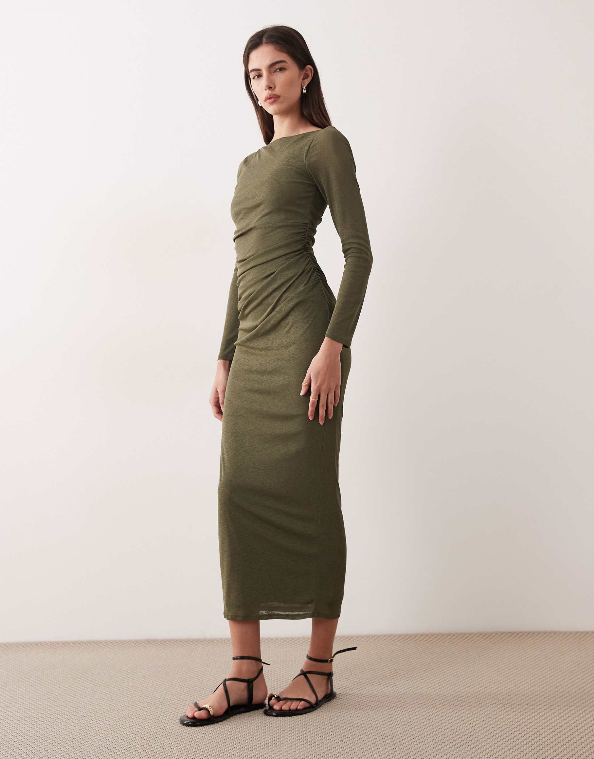 asos design mesh midi dress in khaki green