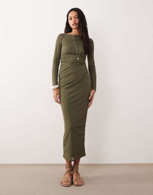 ASOS DESIGN mesh midi dress in khaki, 2 of 4