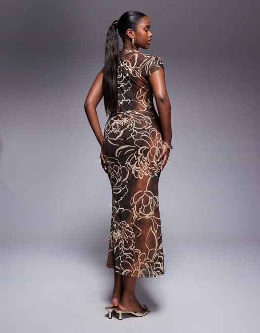ASOS DESIGN mesh midi dress with wrap neckline and asymmetric sleeve in tonal brown floral print