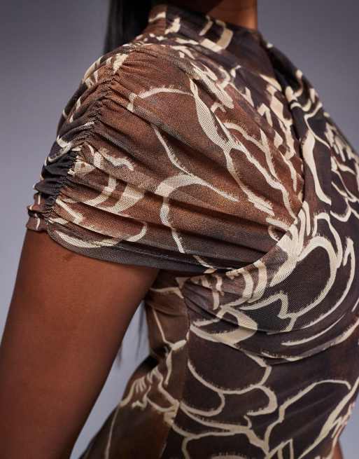 ASOS DESIGN mesh midi dress with wrap neckline and asymmetric sleeve in tonal brown floral print