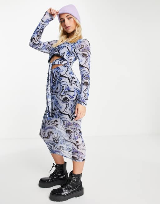 ASOS DESIGN - Mesh midi jurk met lange mouwen en gestrikte taille in blauwe wervelprint 