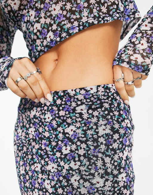 ASOS DESIGN mesh midi skirt co ord in purple ditsy floral print