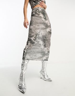 ASOS DESIGN mesh midi skirt co-ord in renaissance placement print  - ASOS Price Checker