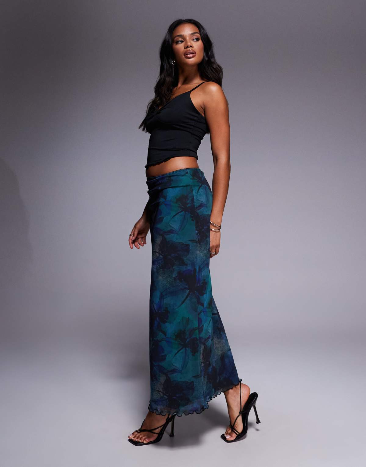 ASOS DESIGN mesh midi skirt in blue floral print