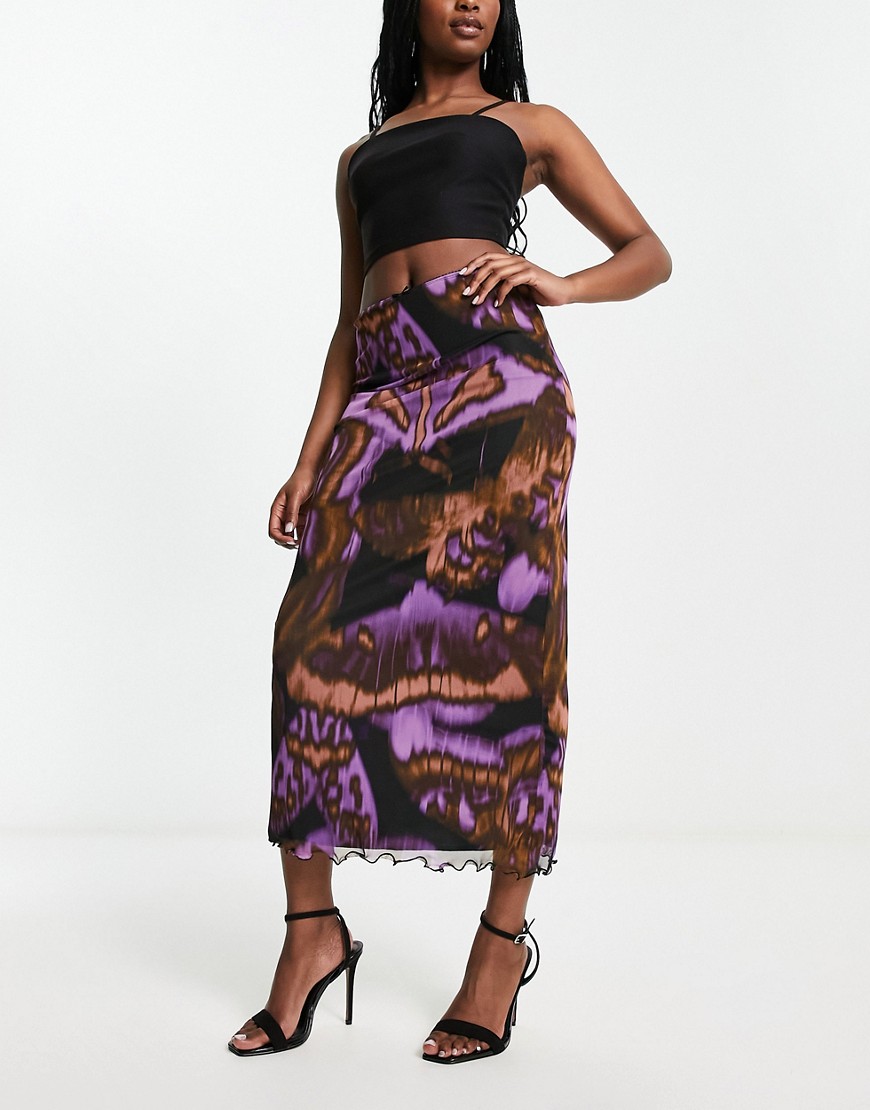 Asos Design Mesh Midi Skirt In Blurred Print-Multi