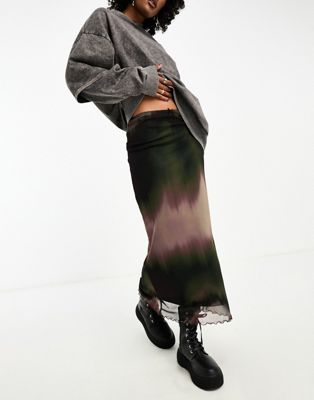 mesh midi skirt in blurred print-Multi