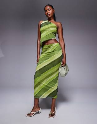 ASOS DESIGN mesh midi skirt in green abstract print – part of a set-Multi