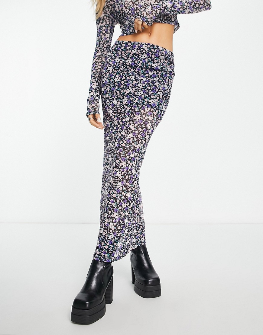ASOS DESIGN mesh midi skirt in purple ditsy floral print - part of a set-Multi