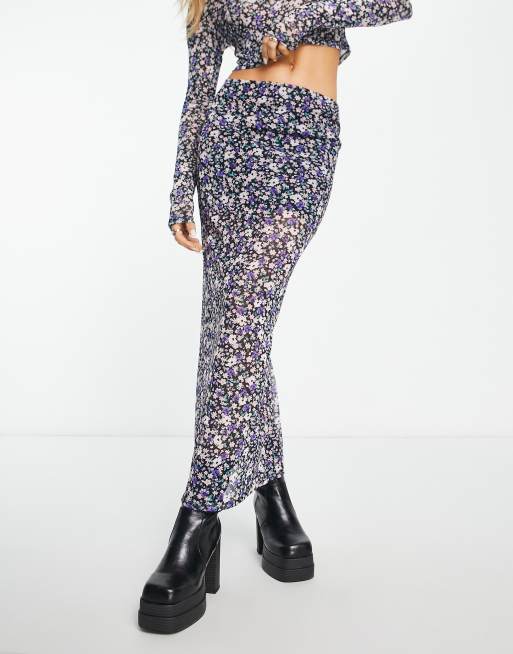 ASOS DESIGN mesh midi skirt in purple ditsy floral print (part of a set)