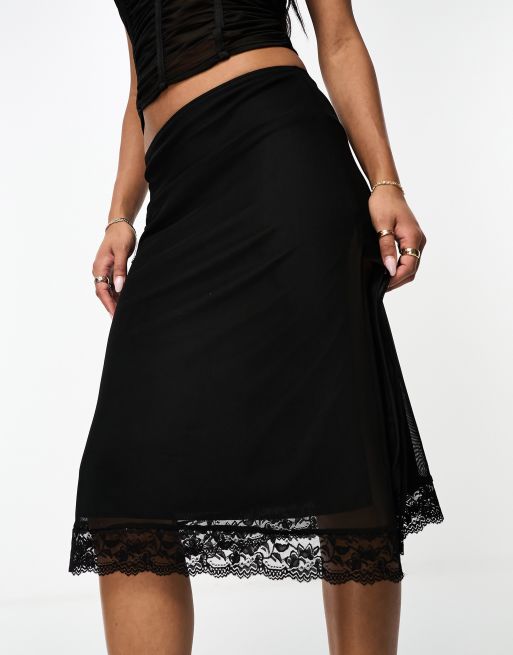 ASOS DESIGN mesh midi skirt with lace hem detail in black