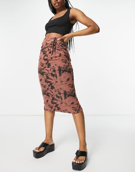 ASOS DESIGN mesh midi skirt with ruched detail in tie dye print