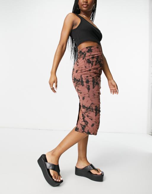 Rose Flocked Layered Mesh Midi Skirt