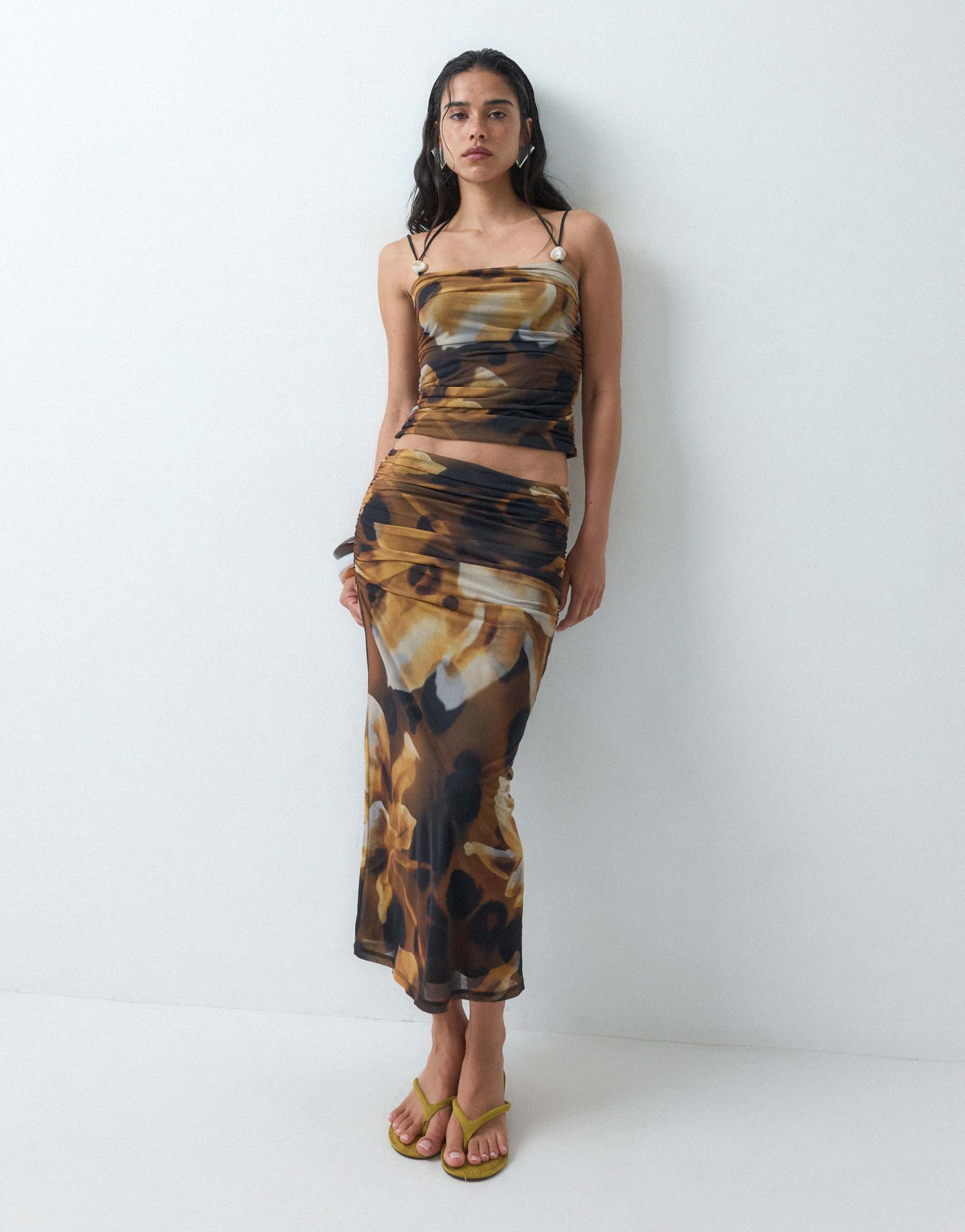 asos design mesh midi skirt with ruching in blurred floral - part of a set