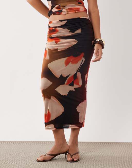 ASOS DESIGN mesh midi skirt with ruching in red bloom floral - part of a set, 2 of 5