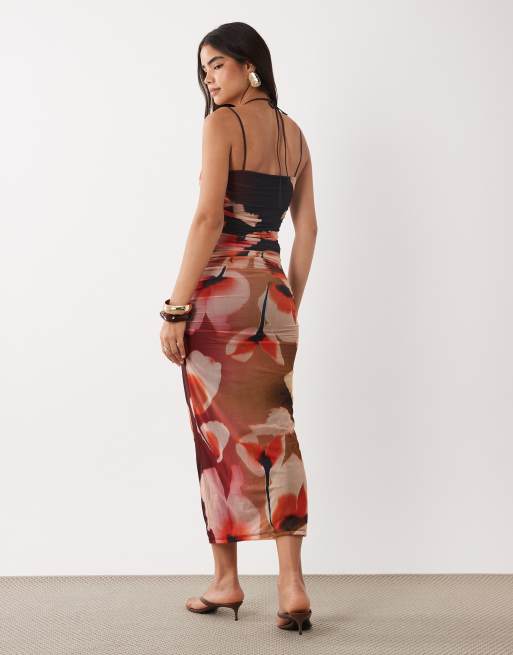 ASOS DESIGN mesh midi skirt with ruching in red bloom floral - part of a set, 5 of 5