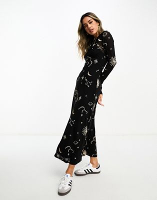 ASOS DESIGN mesh midi with celestial embroidery in black