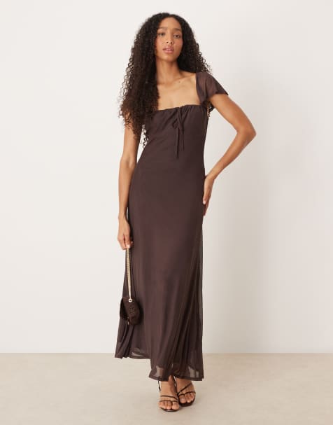 ASOS DESIGN mesh milkmaid puff sleeve maxi dress in chocolate - view 1