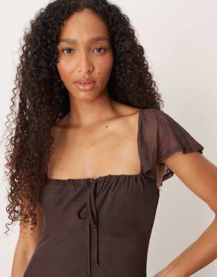 Asos Design Mesh Milkmaid Puff Sleeve Maxi Dress In Brown