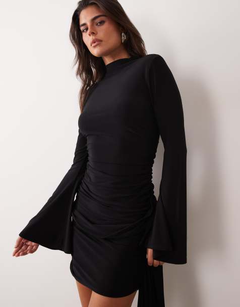 ASOS DESIGN mesh mini bodycon high neck ruched dress with exaggerated sash detail in black - view 1