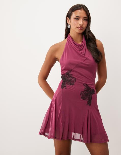 ASOS DESIGN mesh mini dress with floral applique details in plum - view 1