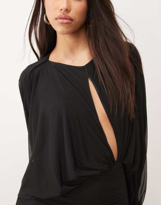 ASOS DESIGN mesh mini jurk met blousonmouw en uitsnijding in zwart, 3 van 4