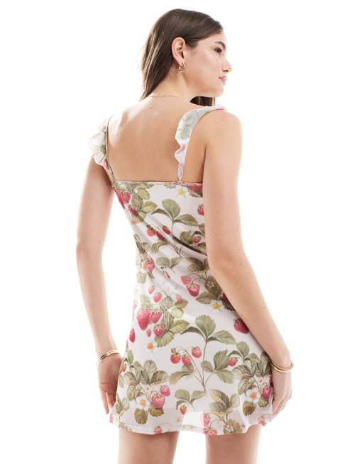ASOS DESIGN mesh mini skater dress with frill neckline in strawberry print, 2 of 4