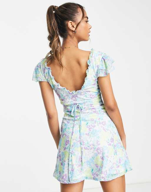 ASOS DESIGN mesh mini tea dress with ruffle sleeve in blue floral | ASOS