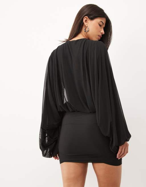 ASOS DESIGN Mesh-Minikleid mit Blousonärmeln und Cut-out in Schwarz, 4 von 4
