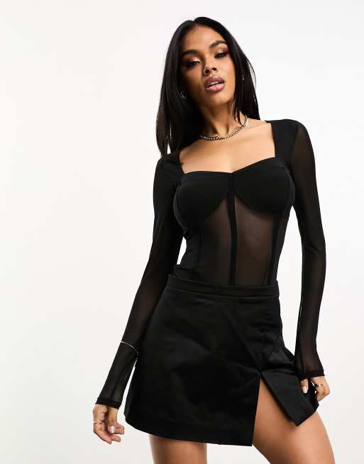 ASOS DESIGN cut out one shoulder mesh corset top in black