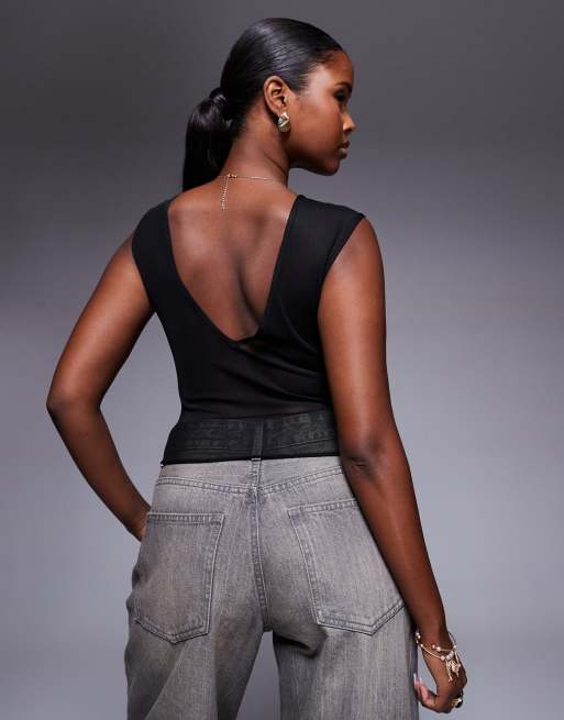 ASOS DESIGN mesh mix corset top with drape detail in black