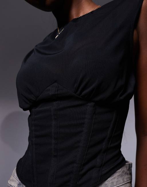 ASOS DESIGN mesh mix corset top with drape detail in black