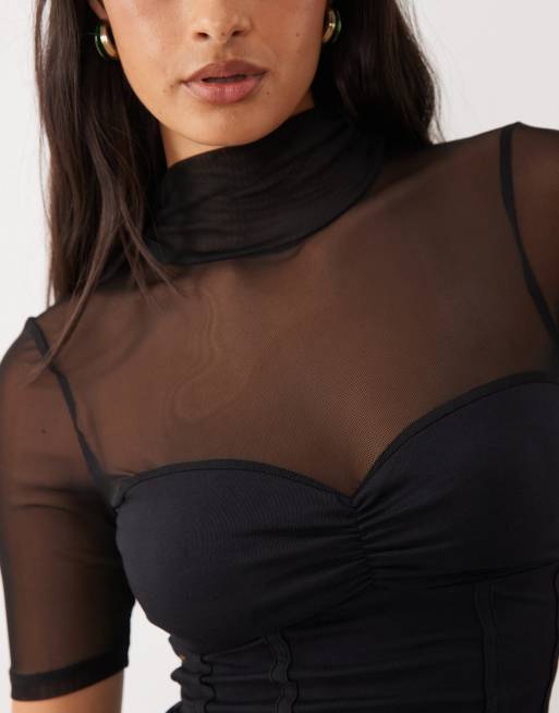 ASOS DESIGN mesh mix high neck short sleeve top with bust detail in black, 3 of 4